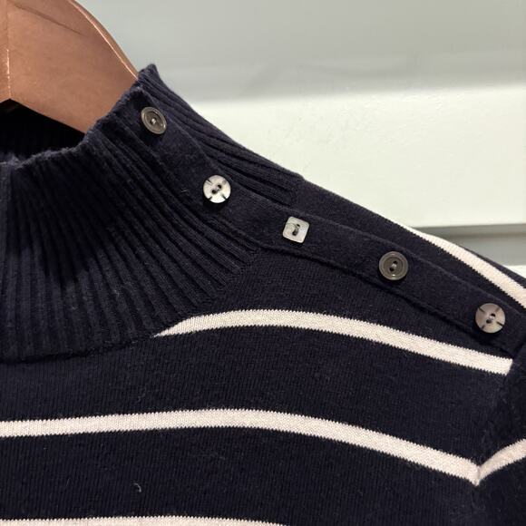 Laura Ashley Sweater Women Small Navy Striped Button Shoulder Mock Neck Nautical - Picture 5 of 11
